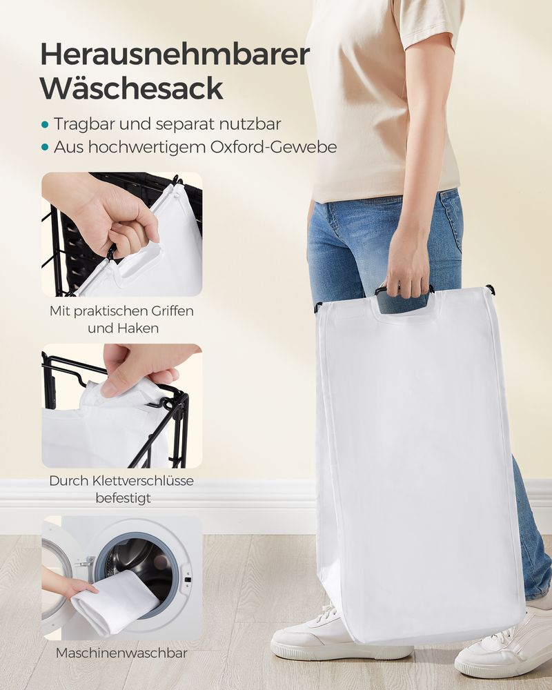 Songmics Τροχήλατο Αναδιπλούμενο Καλάθι Απλύτων με Καπάκι - 90L - Ink Black / Cloud White - LCB290B12