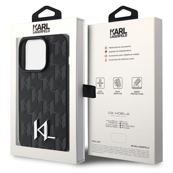 Karl Lagerfeld iPhone 15 Pro - Leather Monogram Hot Stamp Metal Logo Σκληρή Θήκη με Επένδυση Συνθετικού Δέρματος και Πλαίσιο Σιλικόνης - Black - KLHCP15PPKLPKLK