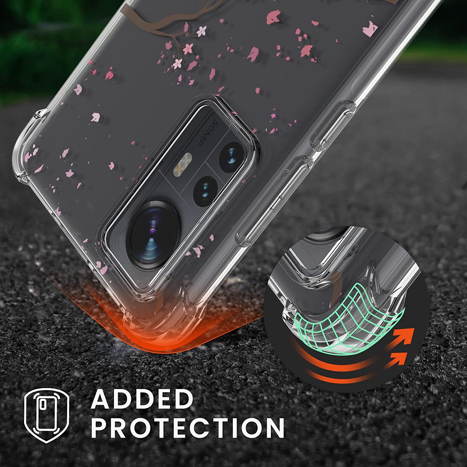 KW Xiaomi 12 / 12X Θήκη Σιλικόνης TPU με Λουράκι Design Cherry Blossoms - Pink / Dark Brown / Διάφανη - 58199.01