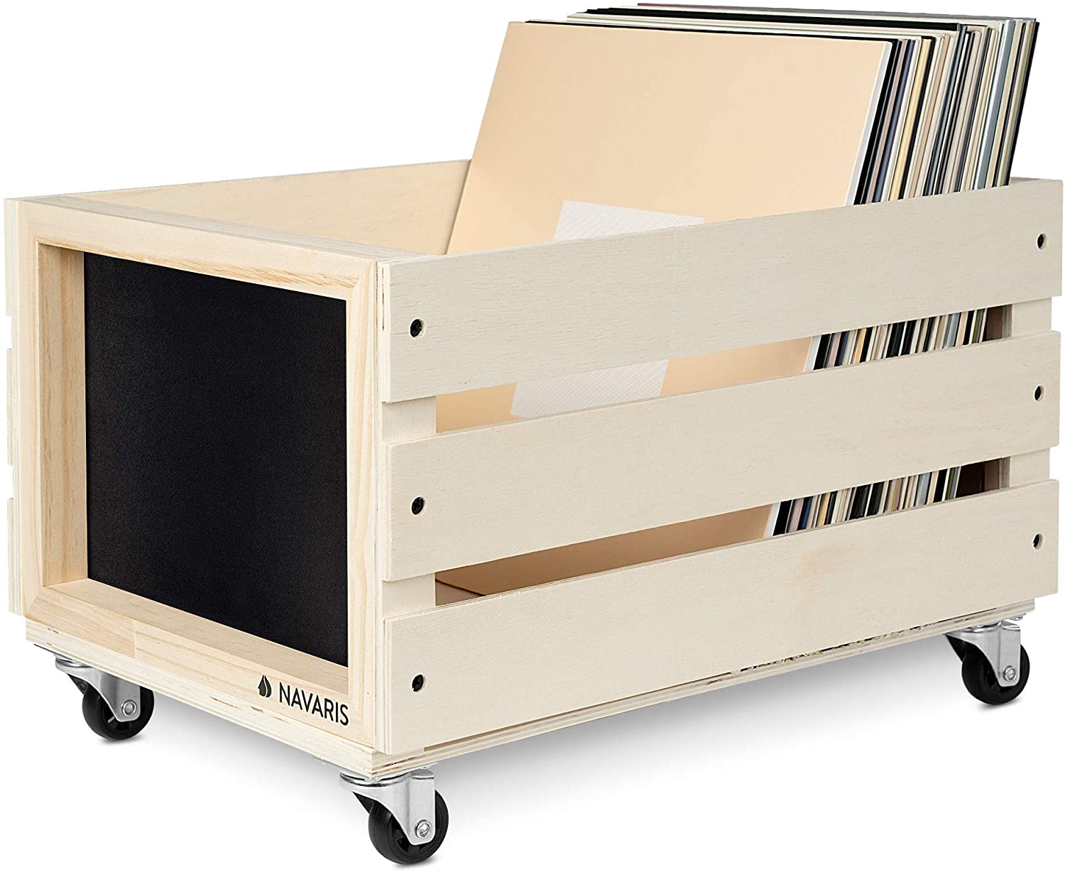 Navaris Ξύλινο Κουτί Αποθήκευσης με Πίνακα Κιμωλίας και Ροδάκια - Natural - 53026.02.24