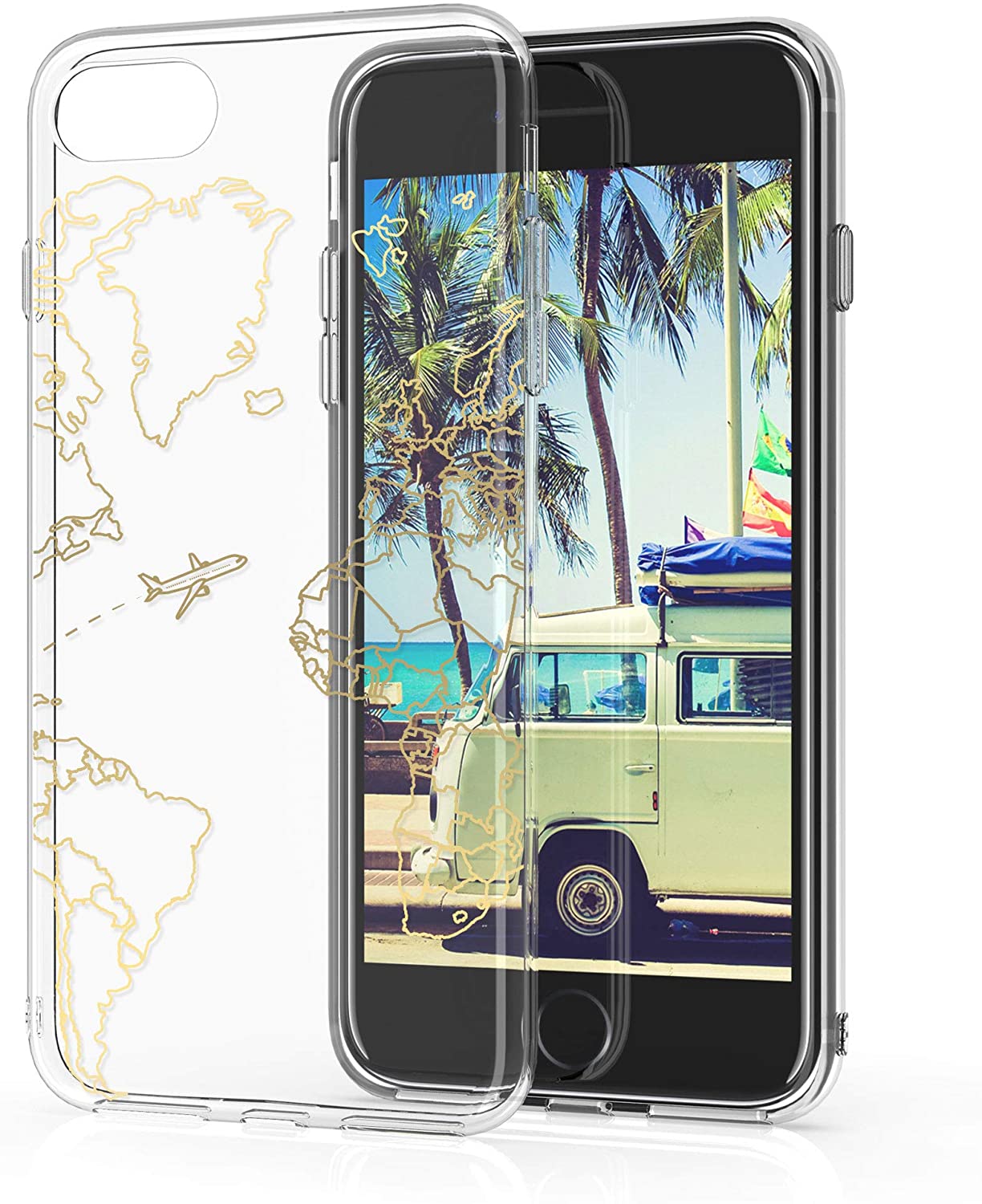 KW iPhone SE 2022 / SE 2020 / 7 / 8 Θήκη Σιλικόνης TPU Design Travel and Explore - Gold - Διάφανη - 51618.10