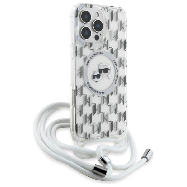Karl Lagerfeld iPhone 16 Pro - IML Crossbody Monogram Karl and Choupette Head - MagSafe Σκληρή Θήκη με Πλαίσιο Σιλικόνης και Λουράκι - Διάφανη - KLHMP16LHCKCKLCT