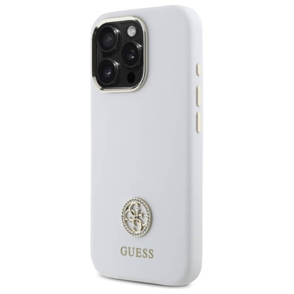 Guess iPhone 16 Pro - Silicone Logo Strass 4G - Σκληρή Θήκη με Πλαίσιο Σιλικόνης - White - GUHCP16LM4DGPH