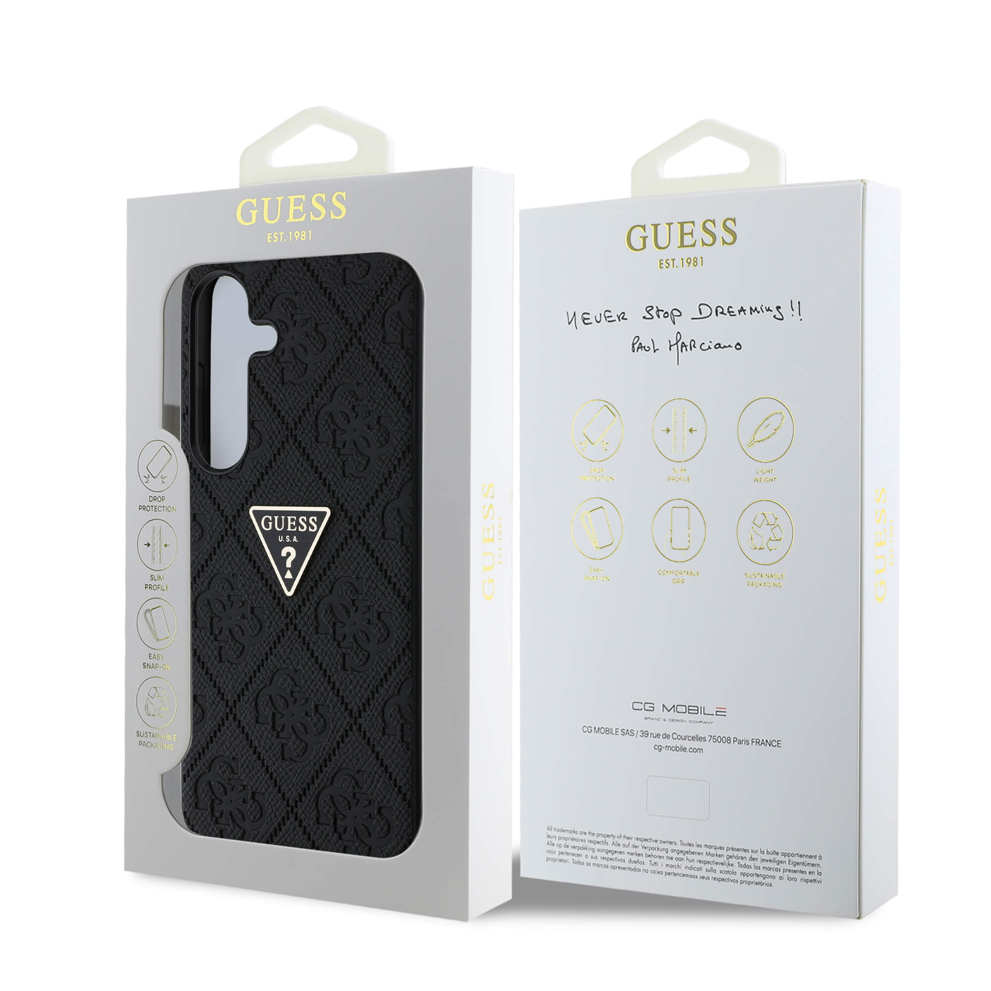 Guess Samsung Galaxy S25 - Hot Stamp 4G Pattern Triangle Metal Logo - Θήκη με Επένδυση Συνθετικού Δέρματος και Πλαίσιο Σιλικόνης - Black - GUHCS25SPGP4STRK