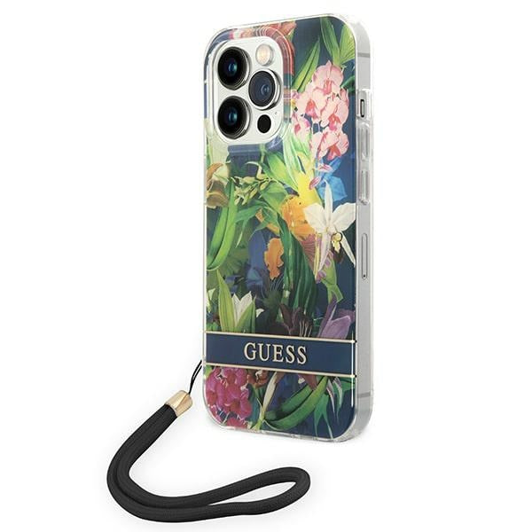 Guess iPhone 14 Pro Max Flower Strap Σκληρή Θήκη με Πλαίσιο Σιλικόνης και Λουράκι - Blue - GUOHCP14XHFLSB