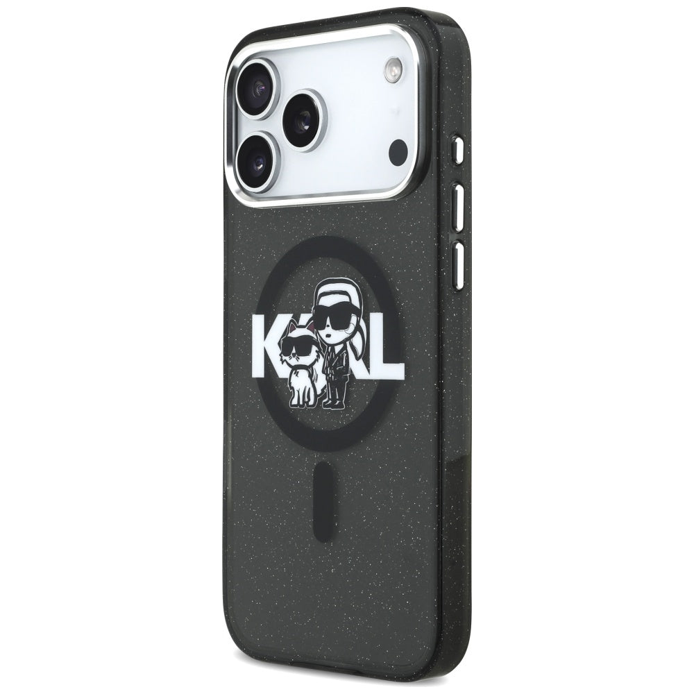 Karl Lagerfeld iPhone 17 Pro Max - IML Glitter Karl and Choupette Sketch Logo MagSafe - Σκληρή Θήκη με Πλαίσιο Σιλικόνης - Black - KLHMP17XHGKCGKBK