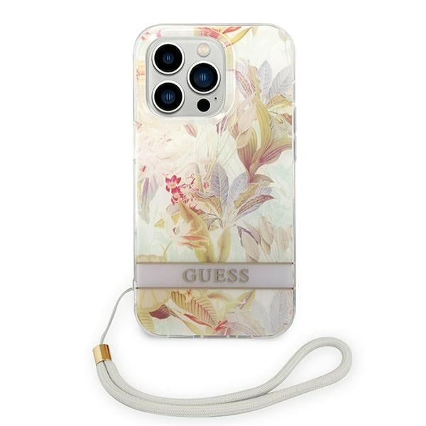 Guess iPhone 14 Pro Flower Strap Σκληρή Θήκη με Πλαίσιο Σιλικόνης και Λουράκι - Purple - GUOHCP14LHFLSU