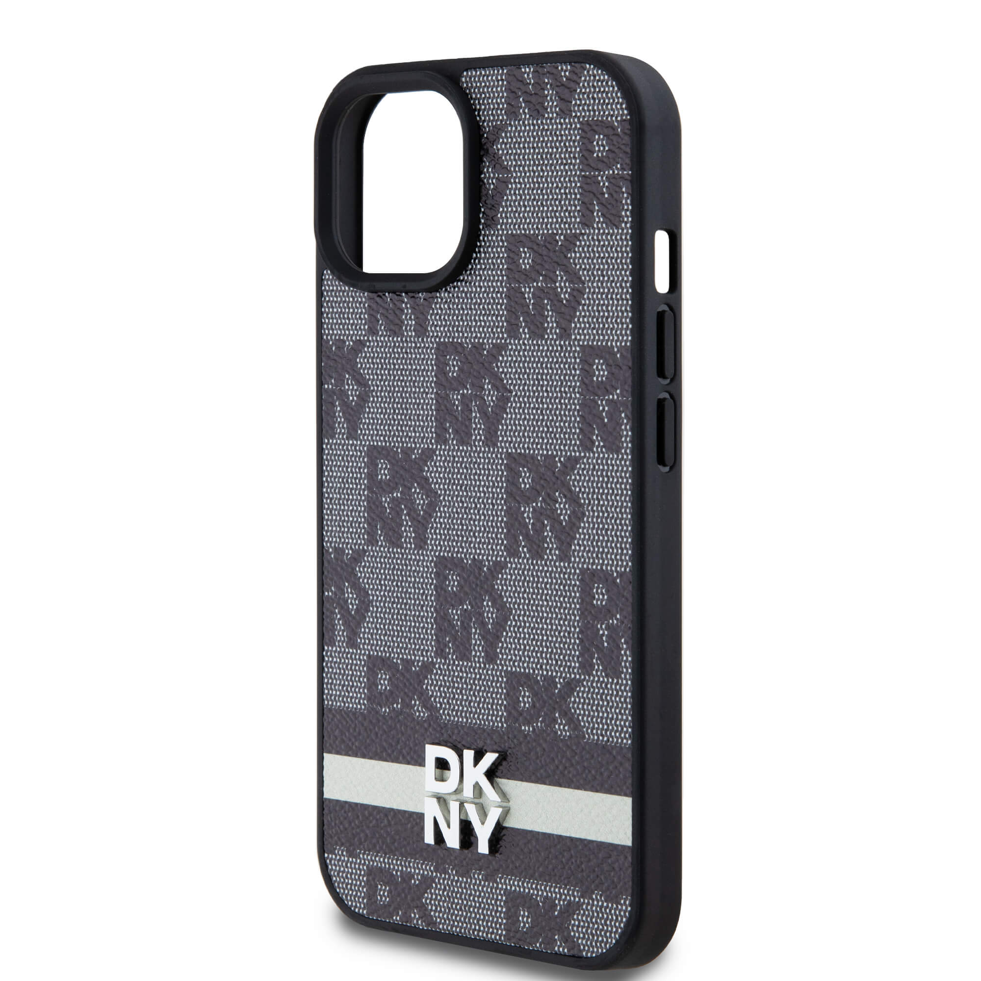 DKNY iPhone 15 / 14 / 13 - Leather Checkered Mono Pattern and Printed Stripes - Σκληρή Θήκη με Επένδυση Συνθετικού Δέρματος - Black