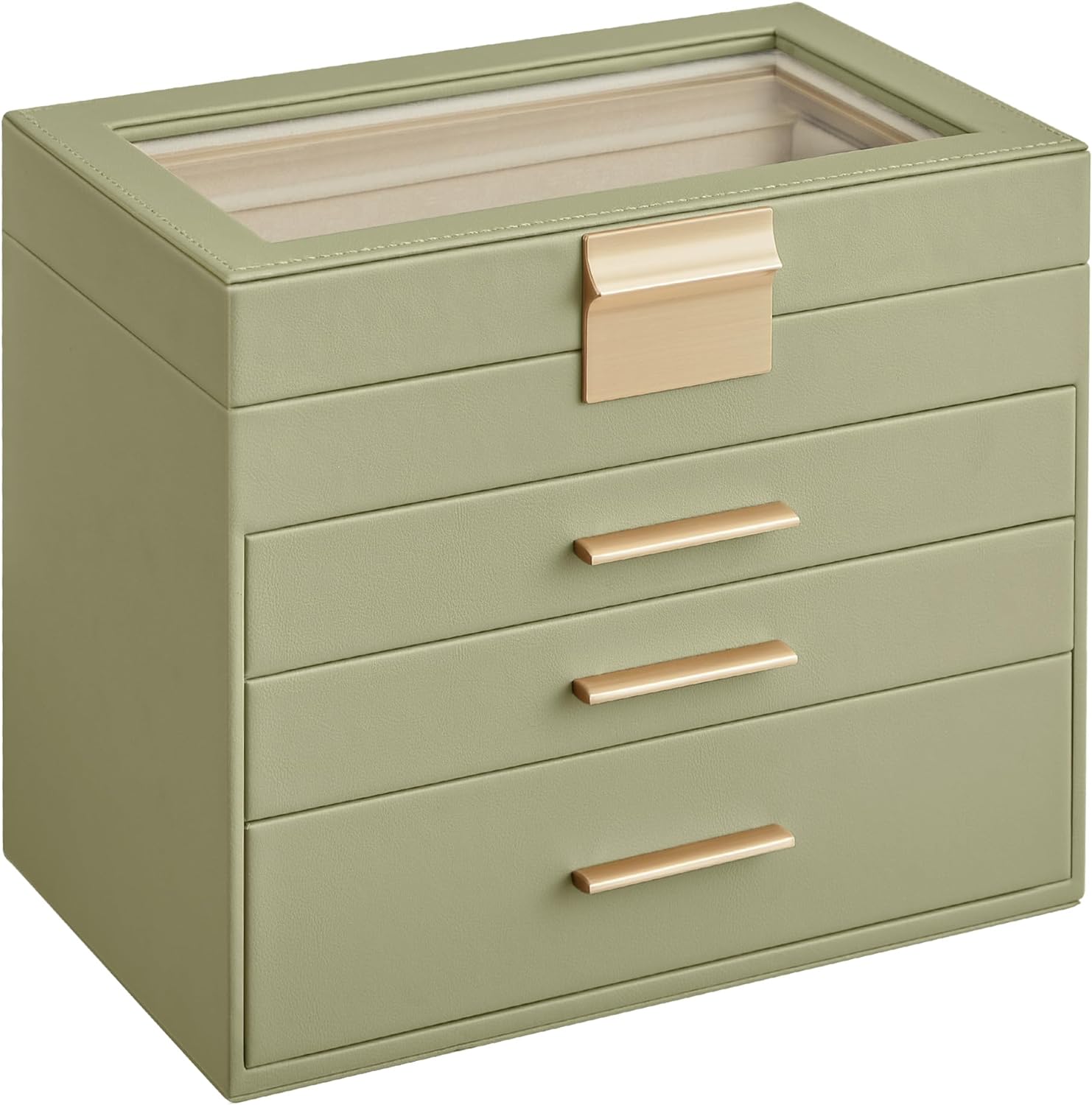 Songmics Φορητό Κουτί Αποθήκευσης Κοσμημάτων με Γυάλινο Καπάκι - Laurel Green / Gold - JBC161C02