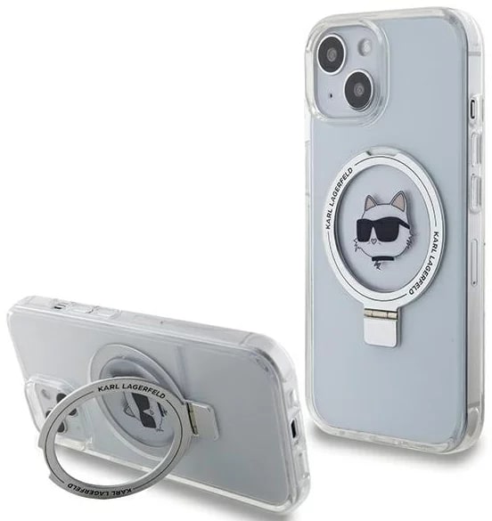 Karl Lagerfeld iPhone 15 Ring Stand Choupette Head MagSafe Σκληρή Θήκη με Πλαίσιο Σιλικόνης και MagSafe - Διάφανη / Silver - KLHMP15SHMRSCHH