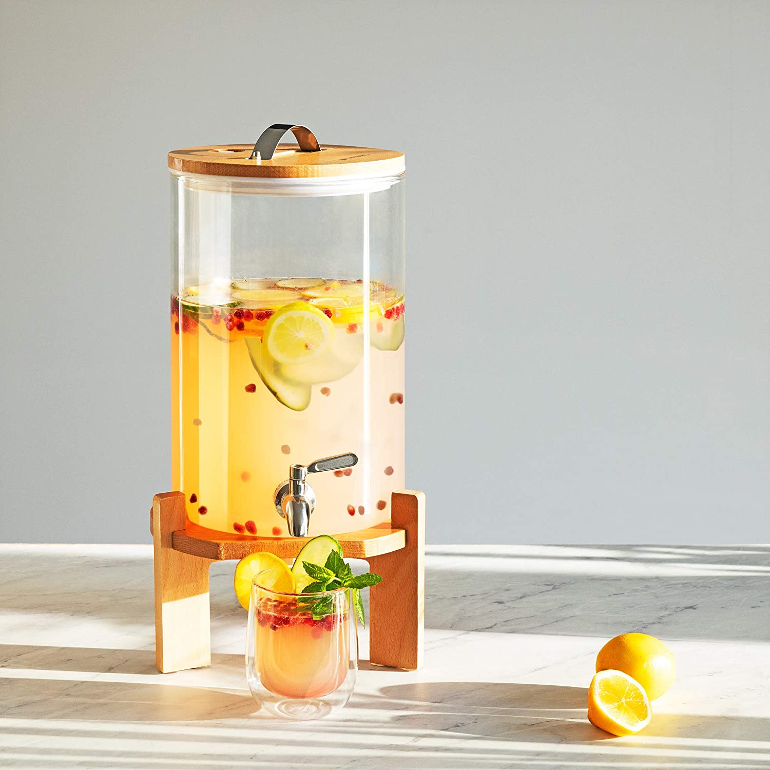 Navaris Glass Beverage Drink Dispenser Γυάλινος Διανεμητής Ποτού με Ξύλινη Βάση - 7L - Brown - 46785.05