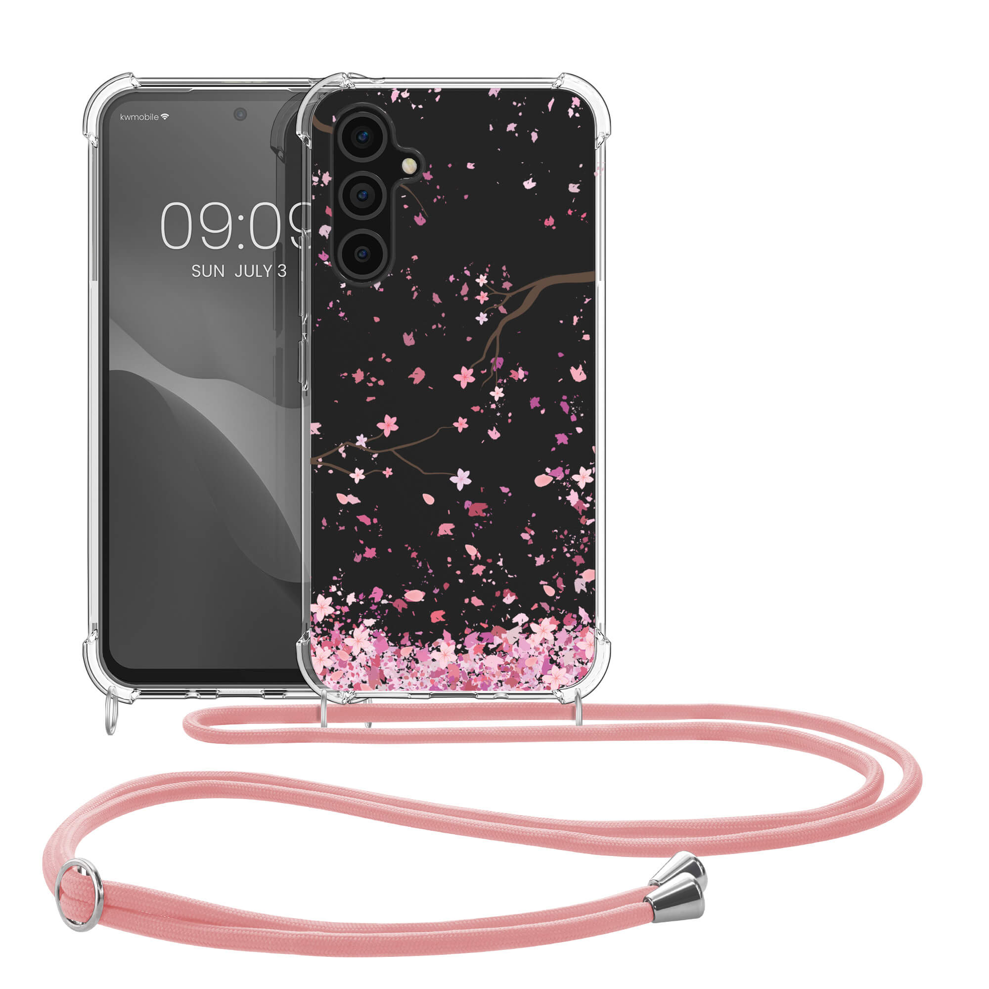 KW Samsung Galaxy A54 5G Θήκη Σιλικόνης TPU με Λουράκι Design Cherry Blossoms - Pink / Dark Brown - Διάφανη - 61334.02