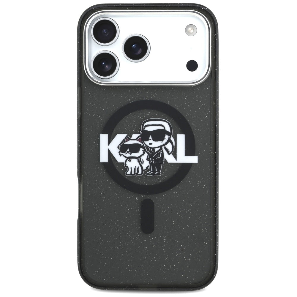 Karl Lagerfeld iPhone 17 Pro Max - IML Glitter Karl and Choupette Sketch Logo MagSafe - Σκληρή Θήκη με Πλαίσιο Σιλικόνης - Black - KLHMP17XHGKCGKBK