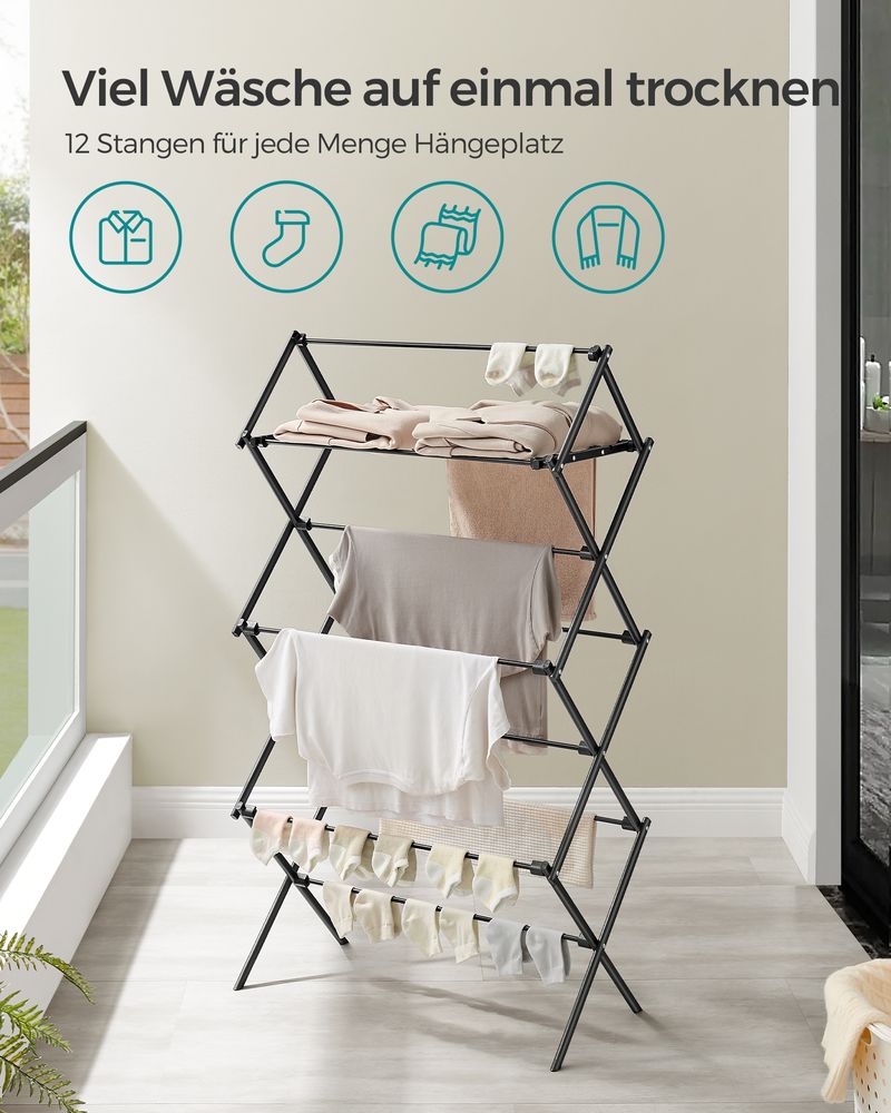 Songmics Πτυσσόμενη Μεταλλική Απλώστρα Ρούχων - 37 x 75 x 135.1 cm - Black - LLR770B01