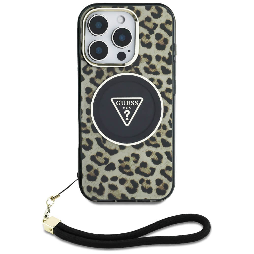 Guess iPhone 16 Pro Max - HC IML Leopard Triangle Cord Strap MagSafe - Σκληρή Θήκη με Πλαίσιο Σιλικόνης και Λουράκι - Brown - GUHMP16XHLORSSW