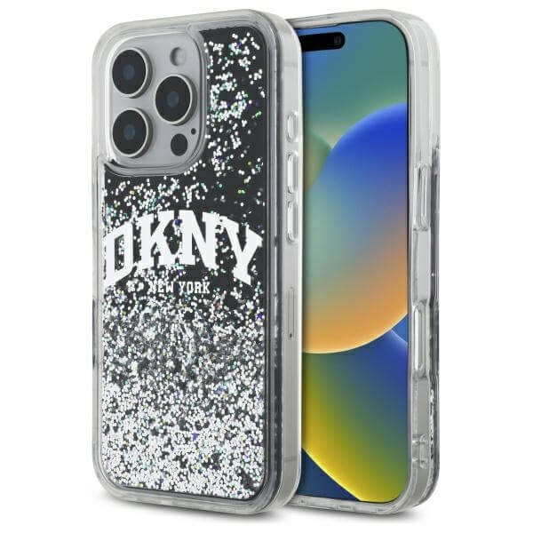 DKNY iPhone 16 - Liquid Glitter Arch Logo - Σκληρή Θήκη με Πλαίσιο Σιλικόνης - Black