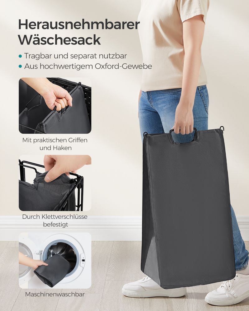 Songmics Τροχήλατο Αναδιπλούμενο Καλάθι Απλύτων με 2 Χωρίσματα και Καπάκι - 110L - Ink Black / Slate Grey - LCB211B11