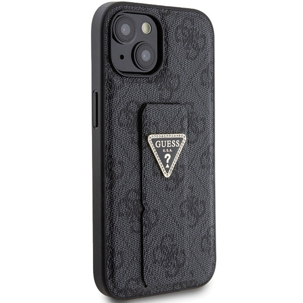 Guess iPhone 15 Grip Stand 4G Triangle Strass Logo Θήκη με Επένδυση Συνθετικού Δέρματος και Stand - Black - GUHCP15SPGS4TDK
