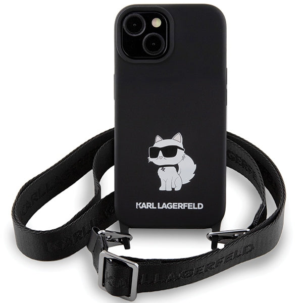 Karl Lagerfeld iPhone 15 Crossbody Silicone Choupette Σκληρή Θήκη με Πλαίσιο Σιλικόνης και Λουράκι - Black - KLHCP15SSCBSCNK