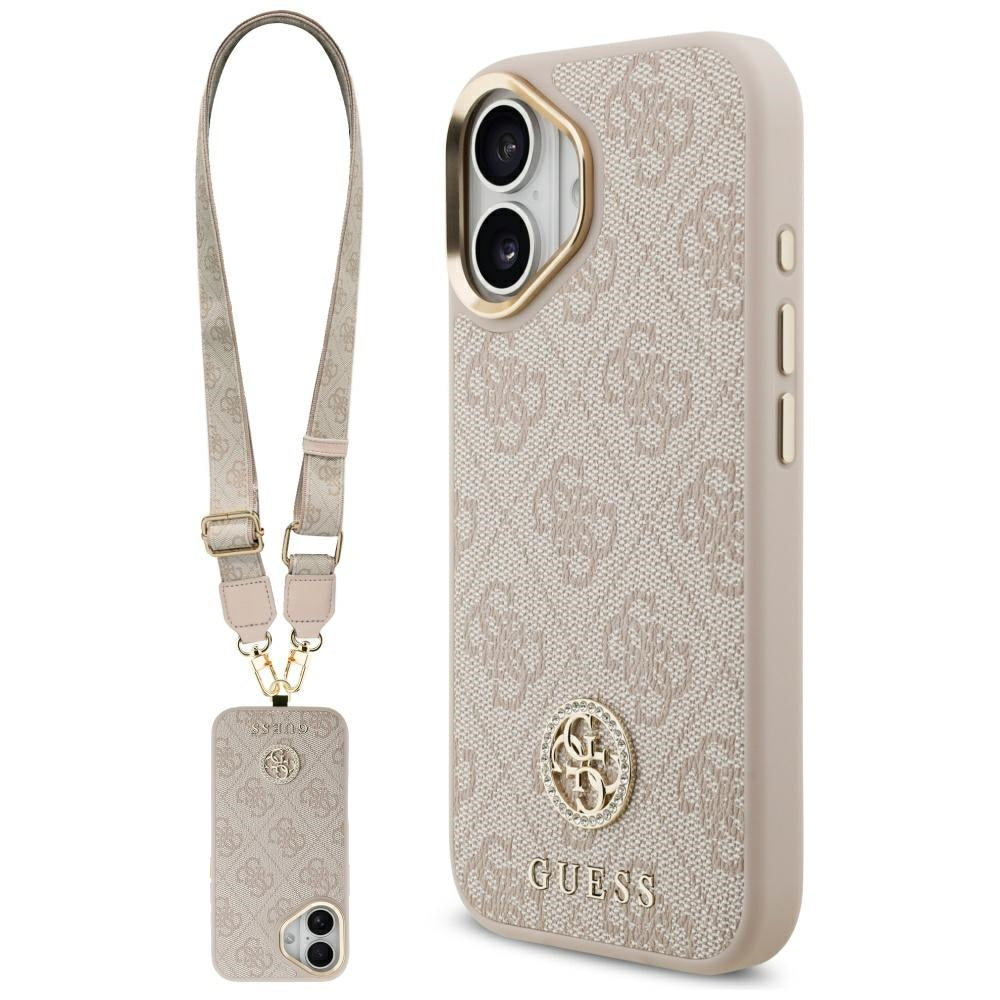 Guess iPhone 17 - 4G Strass Logo and Big Strap Metal Buttons MagSafe - Θήκη με Επένδυση Συνθετικού Δέρματος και Λουράκι - Pink - GUHMP17SP4G4DCSP