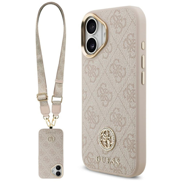Guess iPhone 17 - 4G Strass Logo and Big Strap Metal Buttons MagSafe - Θήκη με Επένδυση Συνθετικού Δέρματος και Λουράκι - Pink - GUHMP17SP4G4DCSP - likebrands.gr