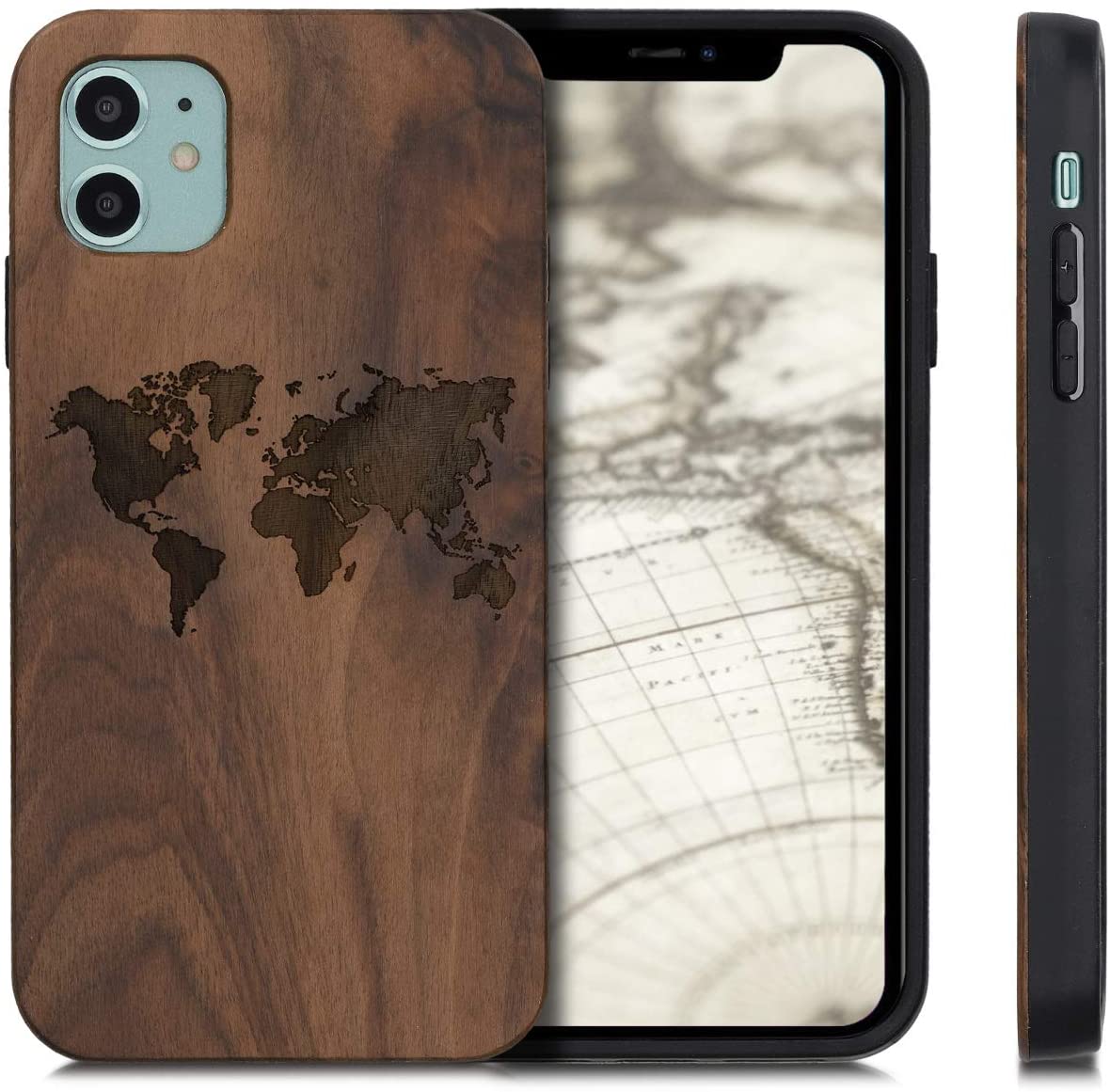 KW iPhone 11 Θήκη από Φυσικό Ξύλο Design Travel Outline - Dark Brown - 49799.03