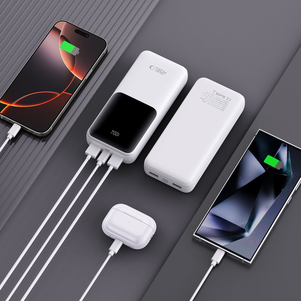 Tech-Protect PB02-22.5W Power Bank 20000mAh με 2 Θύρες USB με 1 Θύρα Type-C και 1 Θύρα Micro-USB - White - likebrands.gr
