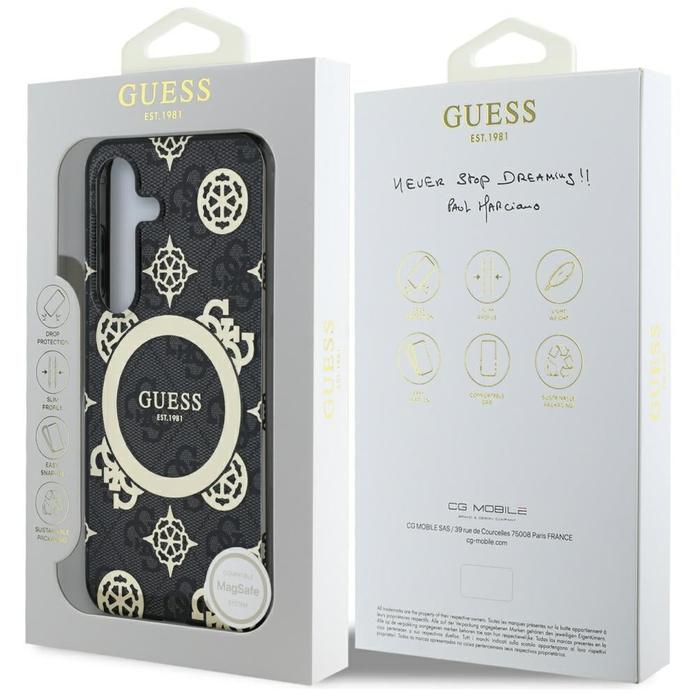 Guess Samsung Galaxy S25 - 4G Background Gold Electroplated Peony Pattern MagSafe - Σκληρή Θήκη με Πλαίσιο Σιλικόνης - Black - GUHMS25SH4PYEEK
