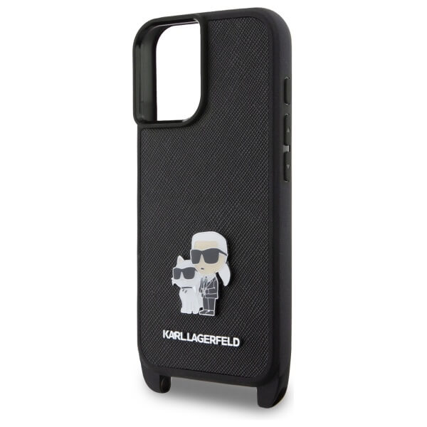 Karl Lagerfeld iPhone 16 - Saffiano Karl and Choupette Metal Pin CBDY Strap - Σκληρή Θήκη με Επένδυση Συνθετικού Δέρματος με Πλαίσιο Σιλικόνης και Λουράκι - Black - KLHCP16SSAKCPBK