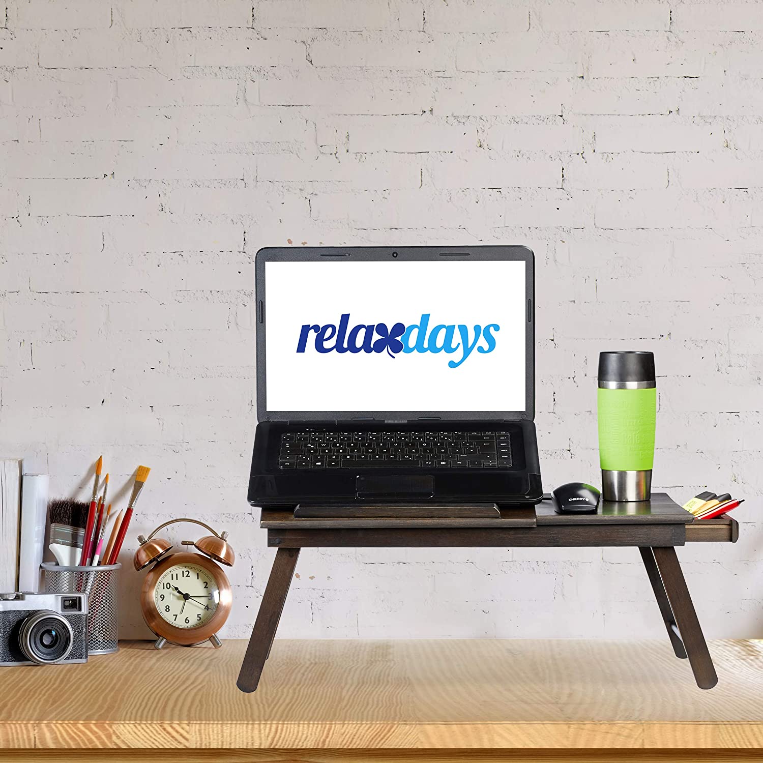 Relaxdays Bamboo Τραπεζάκι Κρεβατιού με Ρυθμιζόμενο Ύψος για Φορητό Υπολογιστή με Βάση για Ποτήρι - Dark Brown - 4052025232436