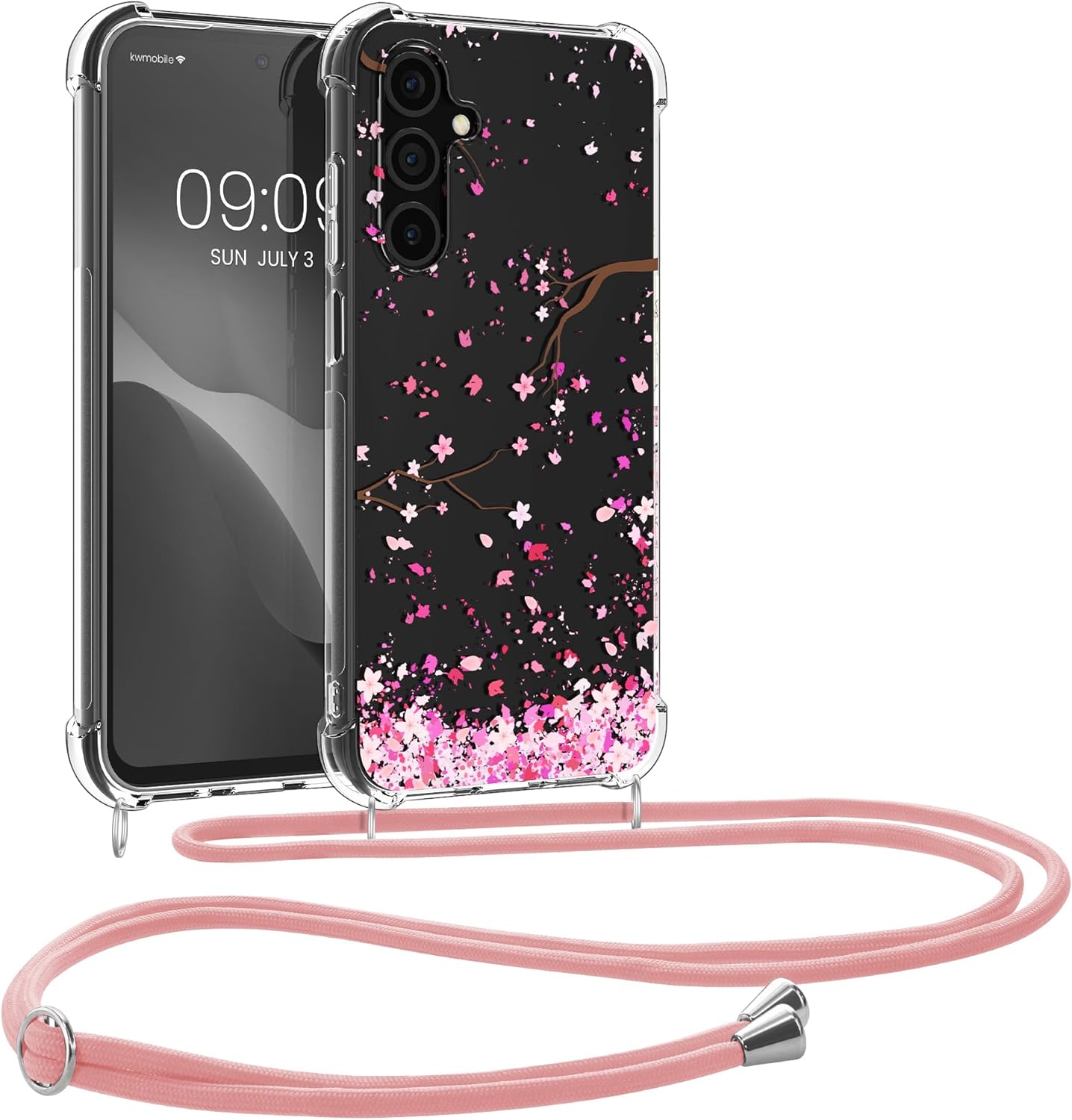 KW Samsung Galaxy A25 5G Θήκη Σιλικόνης TPU με Λουράκι - Design Cherry Blossom Leaves - Pink / Dark Brown / Διάφανη