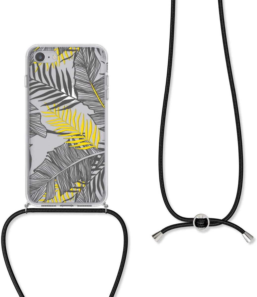 KW iPhone SE 2022 / SE 2020 / 7 / 8 Θήκη Σιλικόνης TPU με Λουράκι Design Palm Leaves - Διάφανη / Yellow / Grey - 48478.05