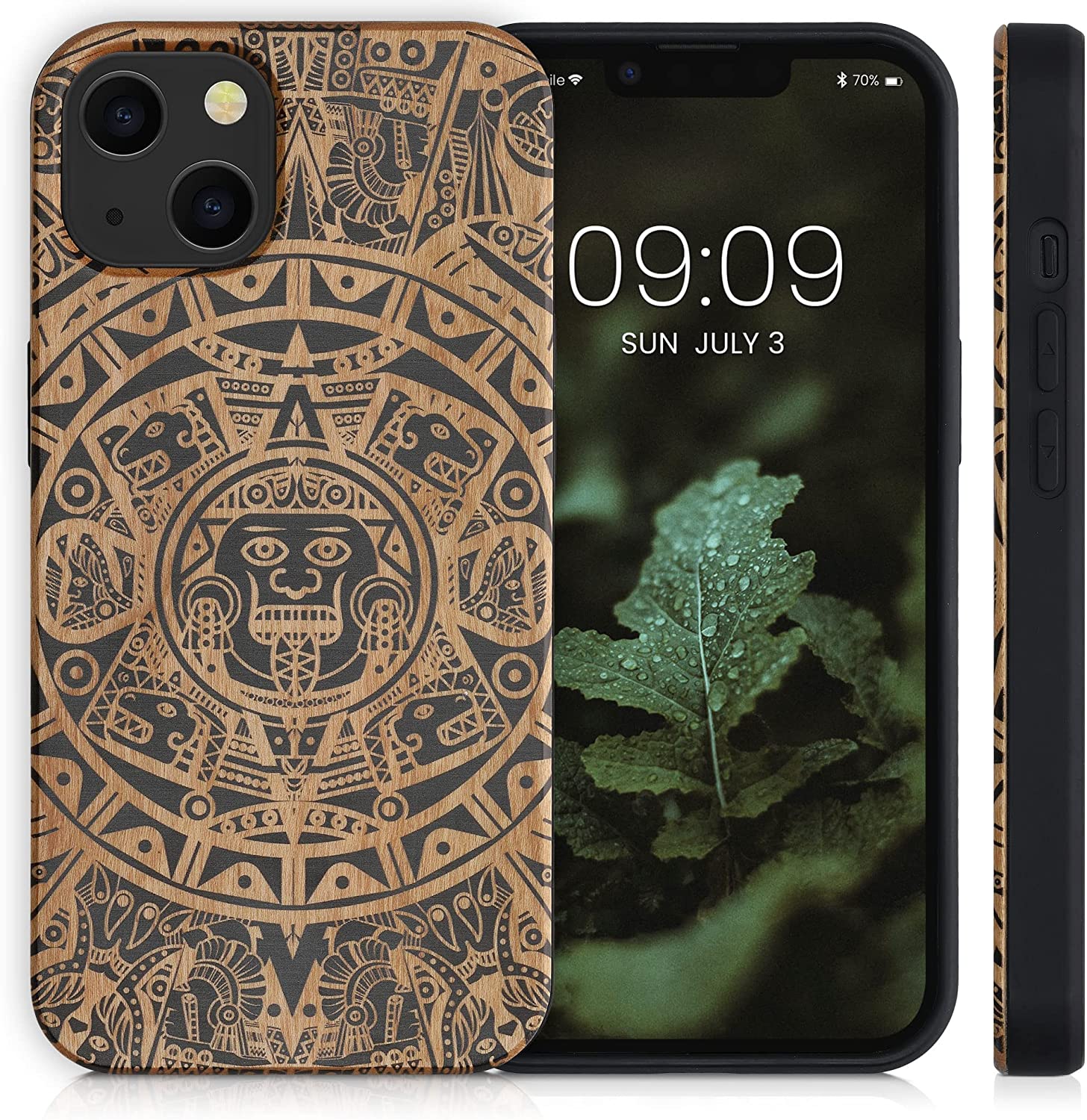 KW iPhone 13 Θήκη από Φυσικό Ξύλο Design Maya Calendar Art - Light Brown / Black - 55953.05