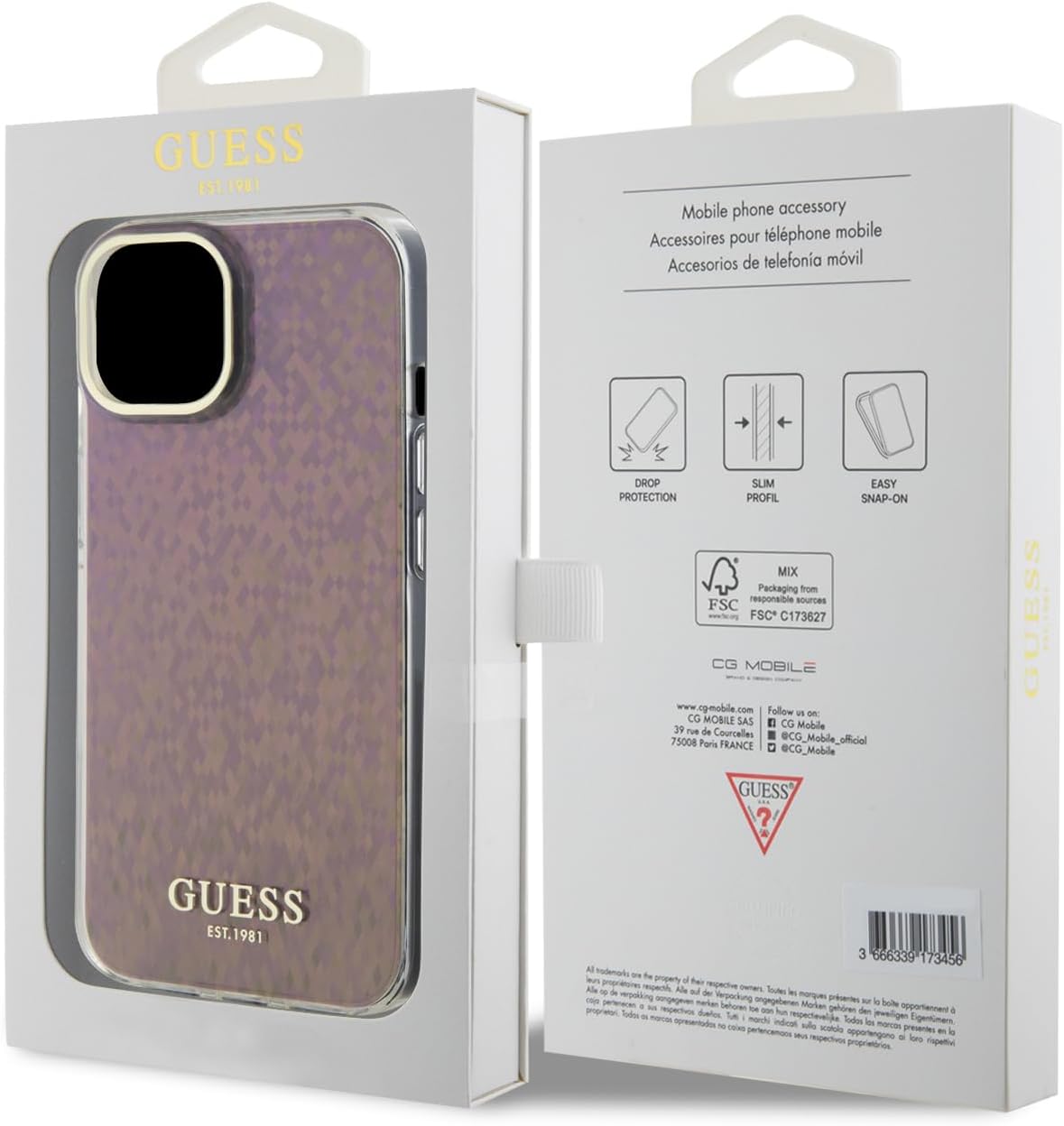Guess iPhone 15 IML Faceted Mirror Disco Iridescent Σκληρή Θήκη με Πλαίσιο Σιλικόνης - Pink - GUHCP15SHDECMP