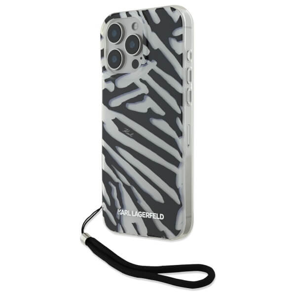 Karl Lagerfeld iPhone 16 Pro Max - IML Zebra Pattern and Cord - Σκληρή Θήκη με Πλαίσιο Σιλικόνης και Λουράκι - Black - KLHCP16XHZBPKCCK