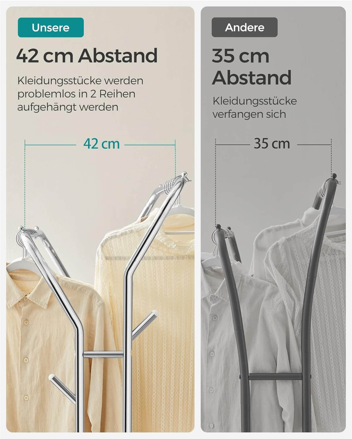 Songmics Τροχήλατη Κρεμάστρα Pούχων με 2 Pάγες και Ράφι - Ράγα Ρούχων - 52.5 x 103.5 x 155 cm - Silver - HSR107E01