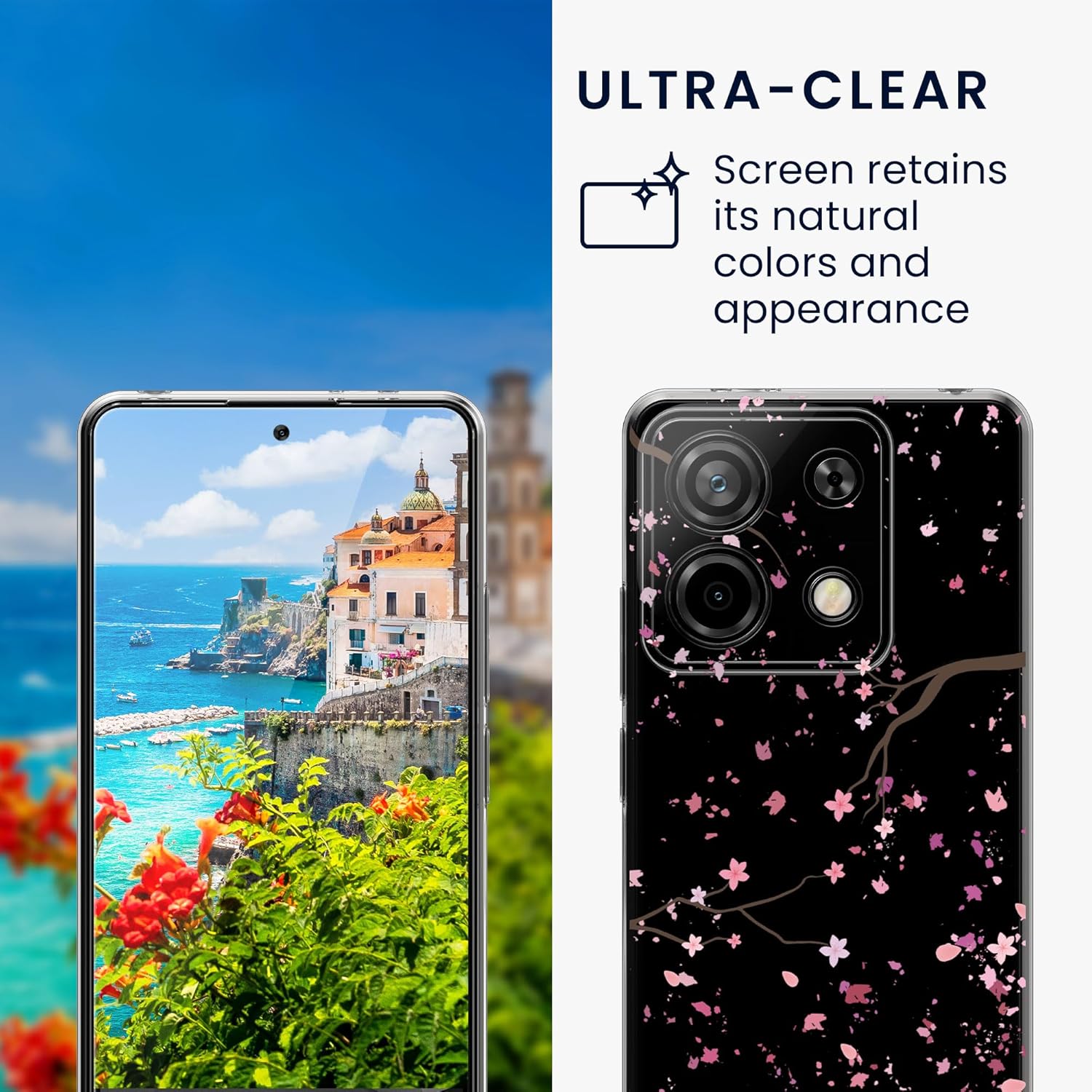 KW Xiaomi Redmi Note 13 5G Θήκη Σιλικόνης TPU με Αντιχαρακτικό Γυαλί - Design Cherry Blossoms Petals - Pink / Dark Brown / Διάφανη