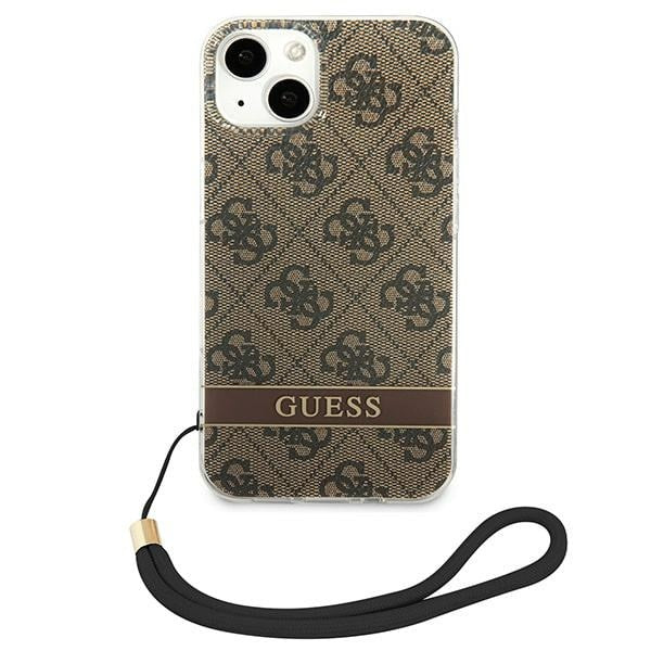 Guess iPhone 14 Plus 4G Print Strap Σκληρή Θήκη με Πλαίσιο Σιλικόνης και Λουράκι - Brown - GUOHCP14MH4STW