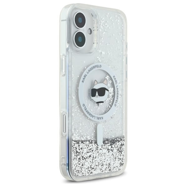 Karl Lagerfeld iPhone 16 - Liquid Glitter Choupette Head MagSafe - Σκληρή Θήκη με Πλαίσιο Σιλικόνης - Διάφανη - KLHMP16SLGCHSGH