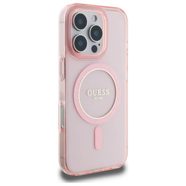 Guess iPhone 16 Pro - IML Glitter Circle MagSafe - Σκληρή Θήκη με Πλαίσιο Σιλικόνης - Pink - GUHMP16LHFGEREP