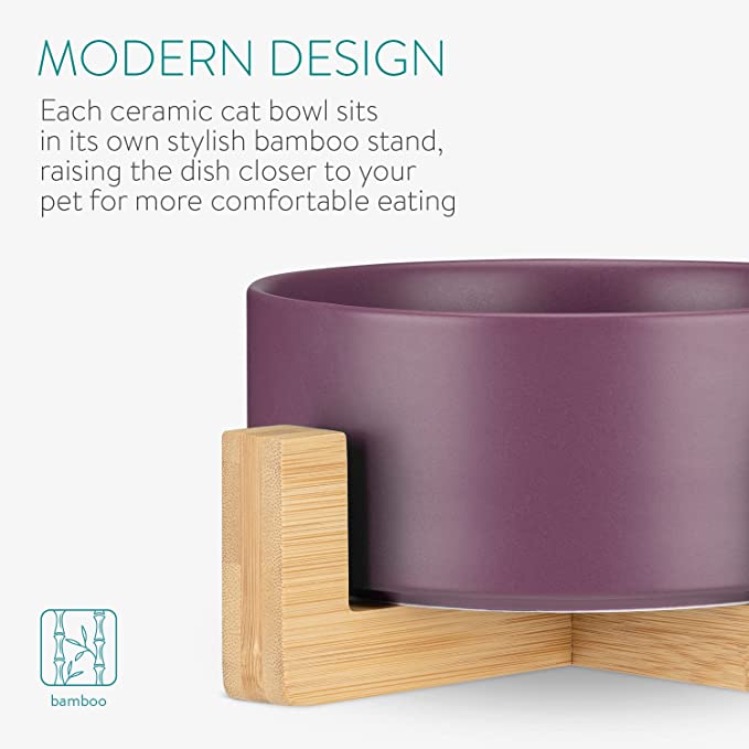 Navaris Cat Bowls with Wood Stands - Σετ με 2 Μπολ Φαγητού και Νερού με Βάση από Μπαμπού για Κατοικίδια - 850ml - Matte Purple / Brown - 48350.55