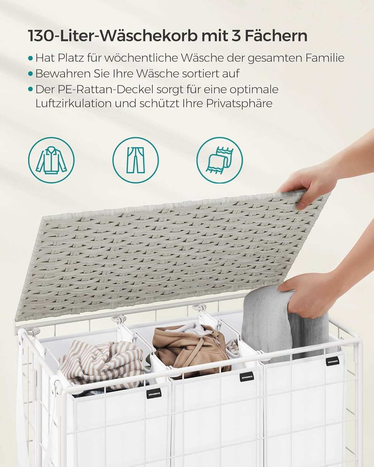 Songmics Τροχήλατο Αναδιπλούμενο Καλάθι Απλύτων με 3 Χωρίσματα και Καπάκι - 130 L - Cloud White - LCB313W01