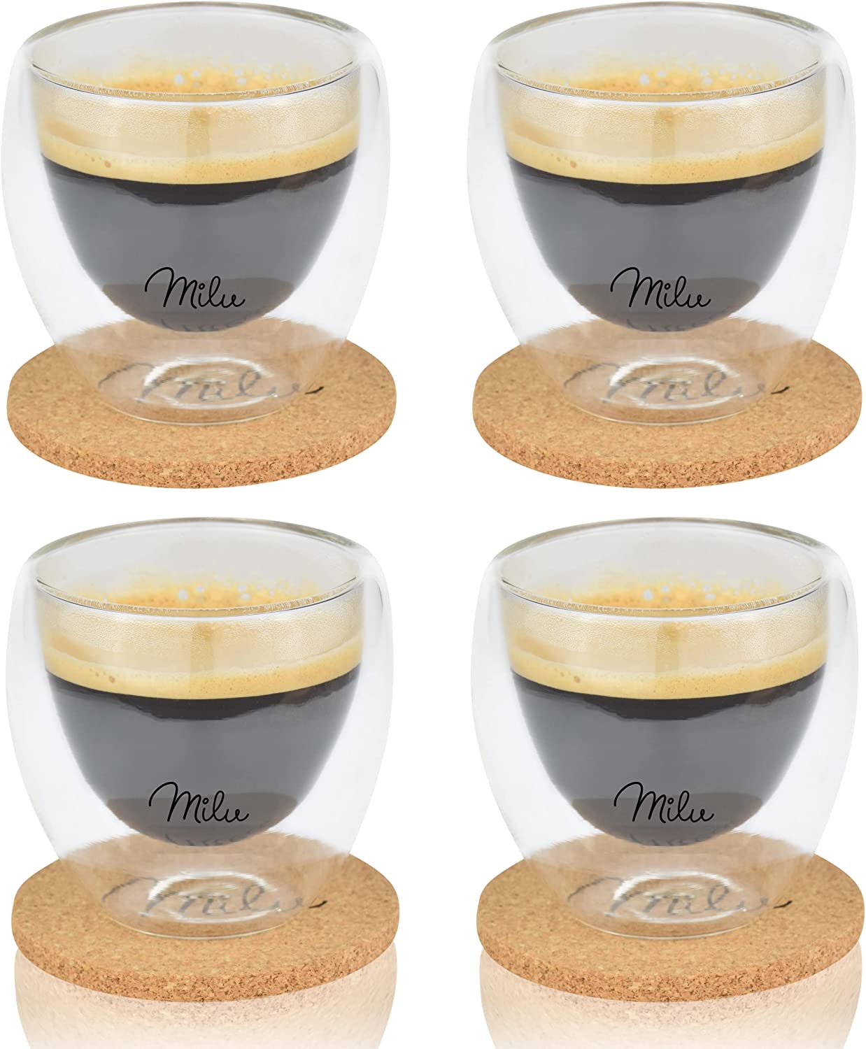 Milu Thermal Glasses - Σετ με 4 Κούπες Διπλής Όψεως Από Γυαλί με 4 Σουβέρ από Φελλό - 80ml - Διάφανες - 2419