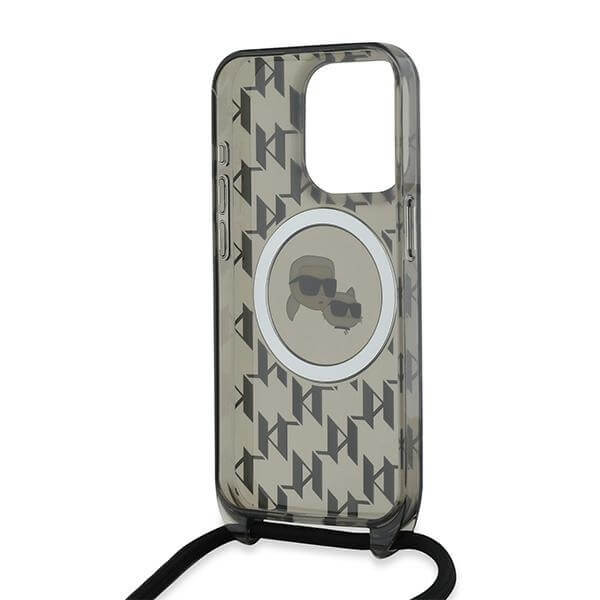 Karl Lagerfeld iPhone 15 Pro Max - IML Crossbody Monogram Karl and Choupette Head - MagSafe Σκληρή Θήκη με Πλαίσιο Σιλικόνης και Λουράκι - Black - KLHMP15XHCKCKLCK