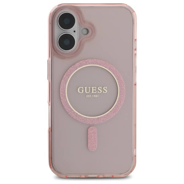 Guess iPhone 16 - IML Glitter Circle MagSafe - Σκληρή Θήκη με Πλαίσιο Σιλικόνης - Pink - GUHMP16SHFGEREP