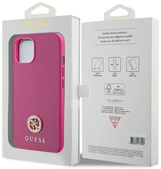 Guess iPhone 15 4G Strass Metal Logo Θήκη με Επένδυση Συνθετικού Δέρματος - Pink - GUHCP15SPS4DGPP