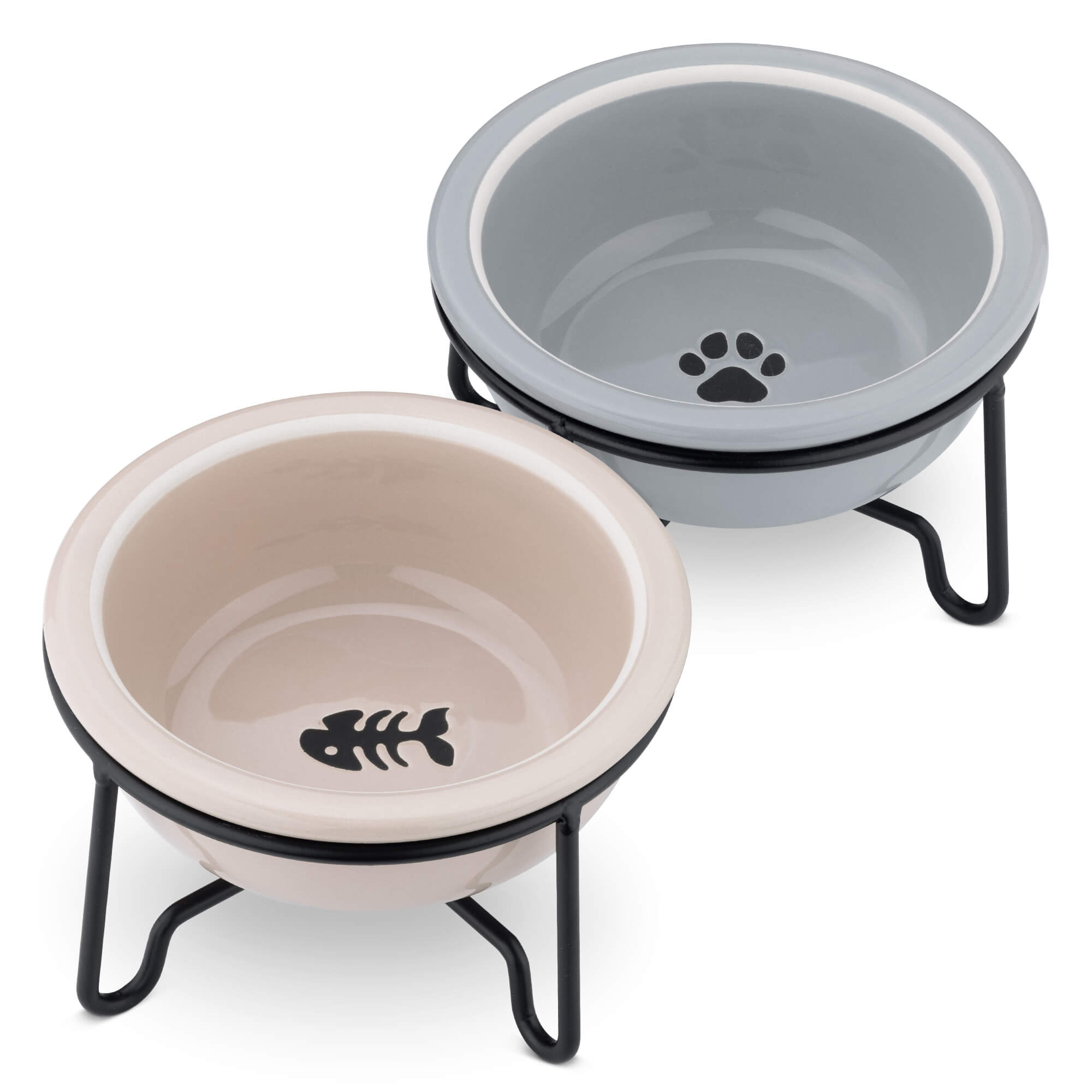 Navaris Σετ με 2 Κεραμικά Μπολ Φαγητού και Νερού με Μεταλλική Βάση για Κατοικίδια - 380ml - Beige / Grey - Black - 55724.11