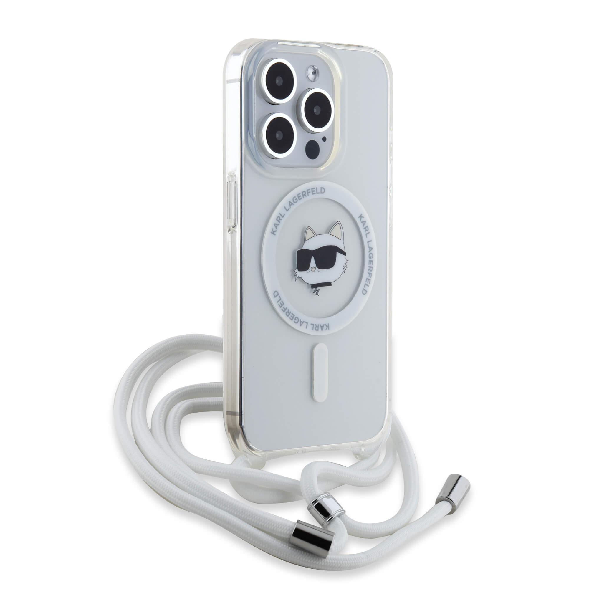 Karl Lagerfeld iPhone 15 Pro - IML Choupette Head and Cord - MagSafe Σκληρή Θήκη με Πλαίσιο Σιλικόνης και Λουράκι - Διάφανη - KLHMP15LHCCHNT