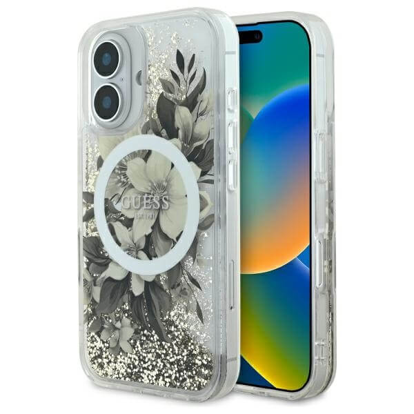 Guess iPhone 16 - Liquid Glitter Flower MagSafe - Σκληρή Θήκη με Πλαίσιο Σιλικόνης - Beige - GUHMP16SLFMWTE