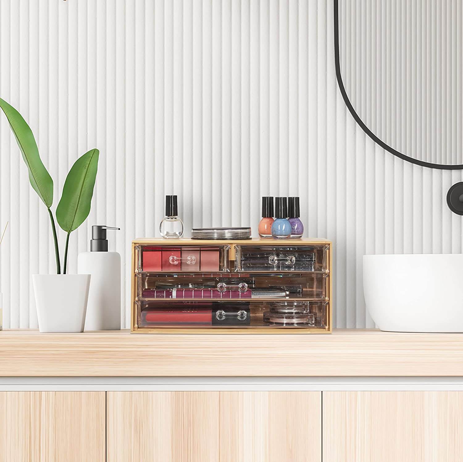 Relaxdays Οργανωτής Καλλυντικών με 4 Συρτάρια από Μπαμπού και Πλαστικό - Natural / Διάφανο - 4052025430351